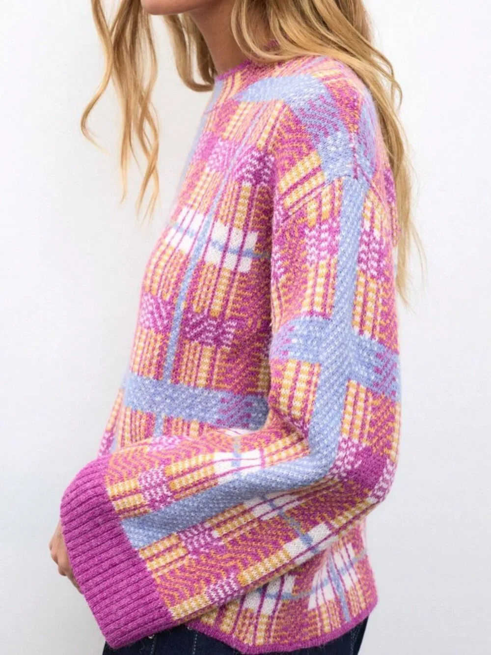 Red Violet Casual Women's Brushed Plaid Knit Sweater With Crew Neck